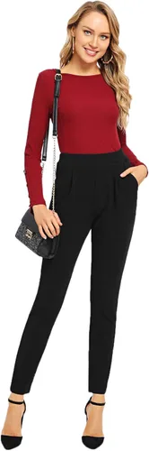 Vista 5 de SOLY HUX Pantalones elegantes de cintura alta elásticos para mujer, con bolsillo lateral, Negro