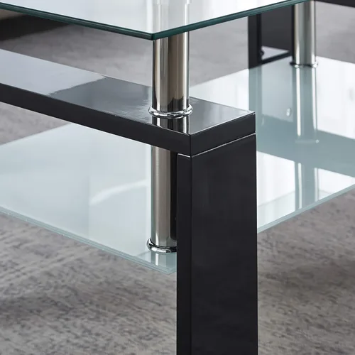Vista 6 de Mesa auxiliar rectangular de vidrio, moderna mesa de centro transparente con estante inferior, patas de madera, mesa auxiliar auxiliar para sala