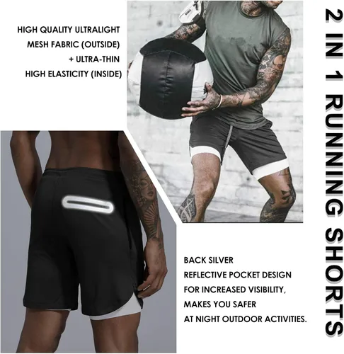 Vista 5 de Leidowei Pantalones cortos para correr 2 en 1 para hombre, ligeros, para entrenamiento, yoga, gimnasio, 7 pulgadas con bolsillos con cremallera