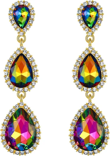 Vista 47 de EleQueen Pendientes de cristal austriaco en tono dorado para mujer, forma de pera de 2.5 pulgadas, color esmeralda