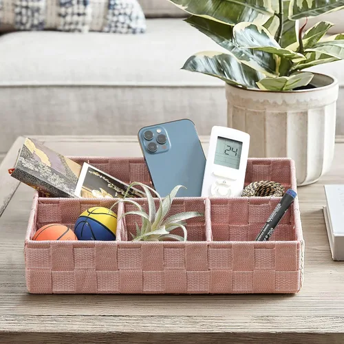 Vista 2 de Cesta decorativa dividida con correa tejida, cubos de almacenamiento de baño con compartimento, contenedor de organización de dormitorio con 4 Rosa