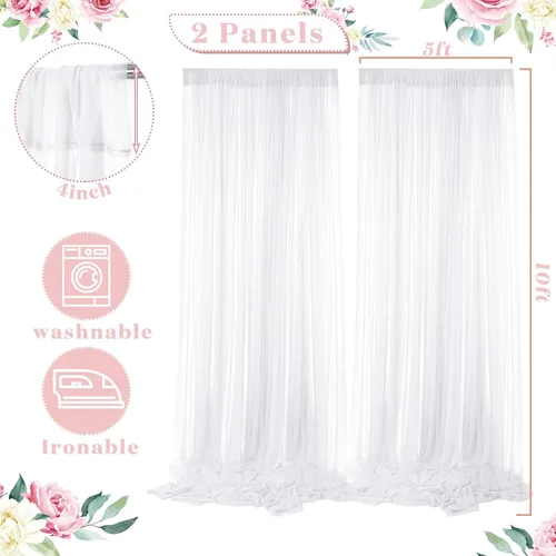 Vista 2 de BBTO 2 paneles de cortina de tul blanco con cadena de luces para fiestas, bodas, despedidas de soltera, cortina LED blanca transparente