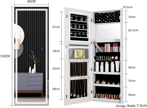 Vista 7 de SKUAI Joyero de espejo completo, organizador de joyas con luz LED táctil, caja de armario con 2 luces y 2 espejos, montado en la pared