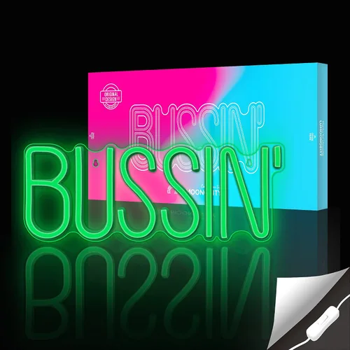 Vista 2 de Lumoonosity Letrero de neón Bussin - Luces de neón led de Meme Bussin para jugadores/streamers/influencers – Letras de neón verdes modernas