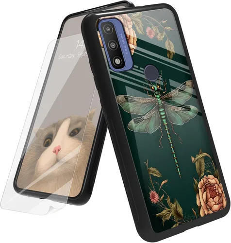 Vista 128 de Funda para Motorola Moto G Play 4G 2024 con protector de pantalla, parte trasera de vidrio templado + funda de silicona suave TPU absorción