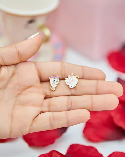 Vista 3 de Disney Beauty and the Beast Chip and Mrs Potts - Aretes de tuerca de plata de ley Plata de ley no conocido