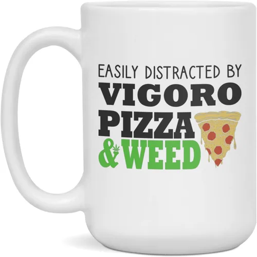 Vista 3 de Fácilmente distraído con Vigoro, pizza y hierba, divertido regalo para fumetas, 11 onzas blancas