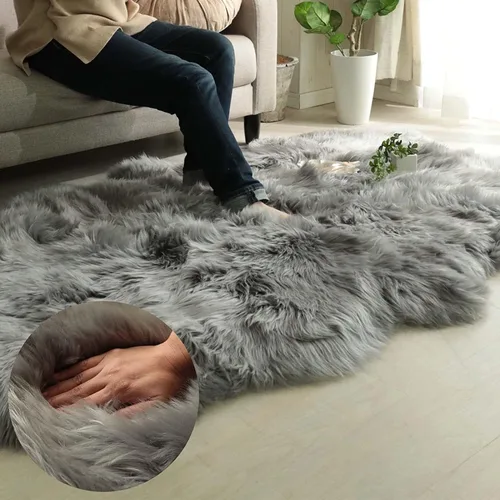 Vista 123 de HUAHOO Alfombra de piel de oveja genuina prémium Negra Real de Australia Piel de oveja natural de lujo, alfombra esponjosa de lana de cordero