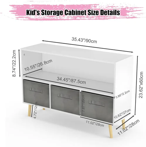 Vista 3 de Estantería para niños, organizador de almacenamiento de juguetes, estantería para niños con 3 cajones de tela plegables y patas de madera