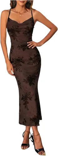 Vista 22 de SOLY HUX Vestido de malla floral para mujer, vestido largo para cóctel Estampado floral multicolor.