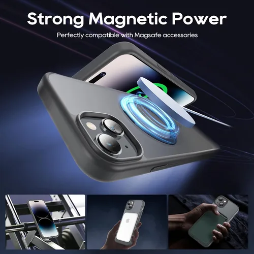 Vista 5 de Funda magnética para iPhone 15 con soporte, soporte de anillo invisible con protector de pantalla compatible con MagSafe Slim esmerilado mate, funda