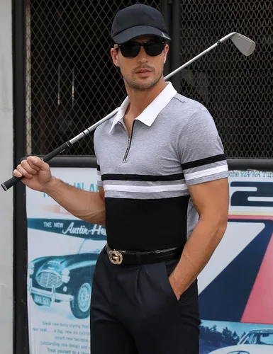 Vista 3 de EliteSpirit Polo de manga corta para hombre, a rayas, casual, con cuello de rugby