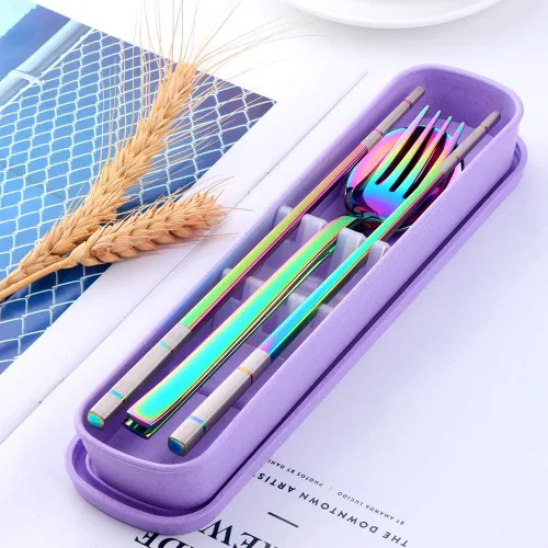 Vista 3 de Color ME - Juego de utensilios portátiles, cubiertos de viaje para acampar con estuche de almacenamiento, juego de cubiertos de acero inoxidable
