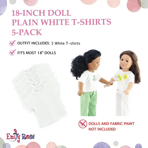 Vista 2 de Emily Rose Paquete de 5 camisetas blancas de 18 pulgadas para muñecas – 80/20 algodón/poliéster Ropa básica para muñecas – Se adapta a muñecas