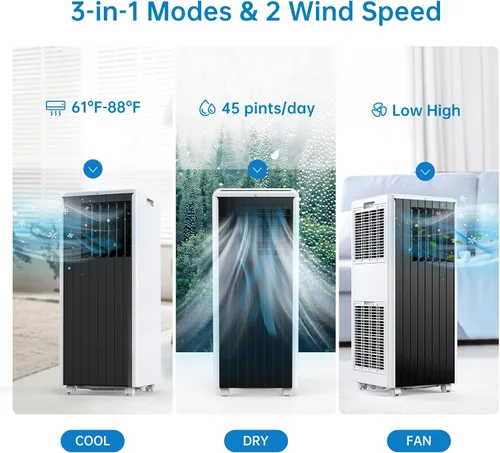 Vista 2 de Aire acondicionado portátil de 8000 BTU, aire acondicionado portátil 4 en 1 con ventilador, deshumidificador y modo de suspensión, unidades de aire