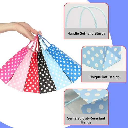 Vista 4 de AZOWA Bolsas de papel azul claro con lunares blancos, pequeñas bolsas de regalo de lunares azul claro para recuerdos de fiesta