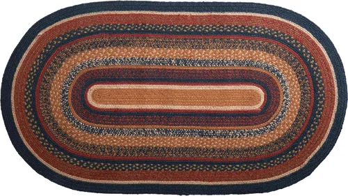 Vista 8 de VHC Brands Stratton Primitive - Alfombra decorativa de yute azul y rojo a rayas para entrada, cocina, baño, decoración rústica, medio círculo, 16.5