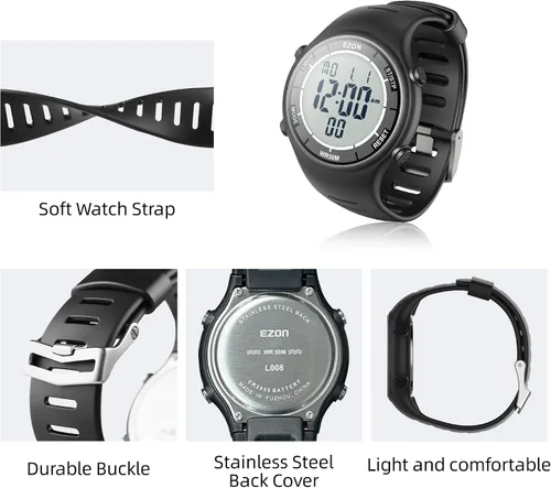 Vista 8 de EZON Reloj digital 5ATM impermeable cronómetro con temporizador de cuenta regresiva, cronógrafo, temporizador de solapa, retroiluminación ELalarma