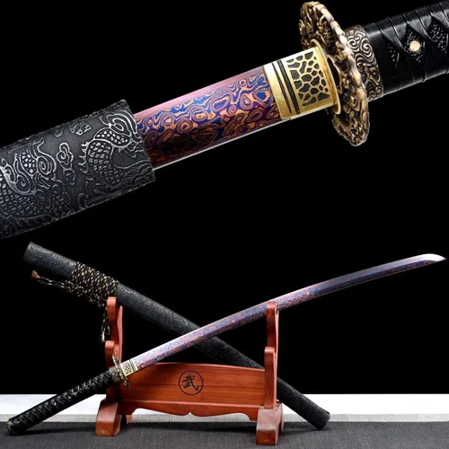 Vista 3 de Espada japonesa de samurái Katana auténtica hecha a mano de acero al carbono 1095 de alta calidad, espada de dragón real y afilada, Katana