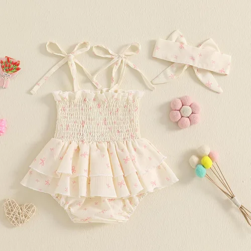 Vista 86 de Mameluco para bebés y niñas de 3, 6, 9, 12, 18 meses, enterizo de manga corta, fruncido, faldas y dobladillo, diadema