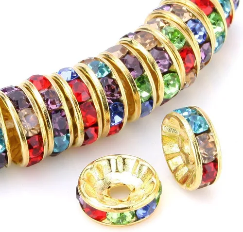 Vista 7 de RUBYCA 100 unidades de cuentas espaciadoras redondas estilo Rondelle en tono dorado de 10 mm, cristal checo AB blanco