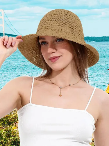 Vista 2 de Sombrero de sol para mujer, hecho a mano, cubo de paja de ganchillo para verano, plegable, gorra de viaje Caqui