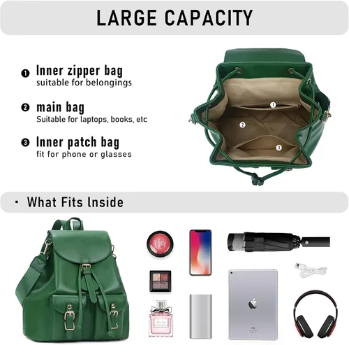 Vista 5 de Chillo - Mochila grande de cuero vegano para mujer, diseño multiusos, con cordón, Verde, Mochilas de mochila