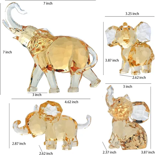 Vista 3 de Juego de 4 figuras acrílicas de elefante, colección ámbar transparente para madre y bebé elefante, adorno familiar, lindo animal, decoración
