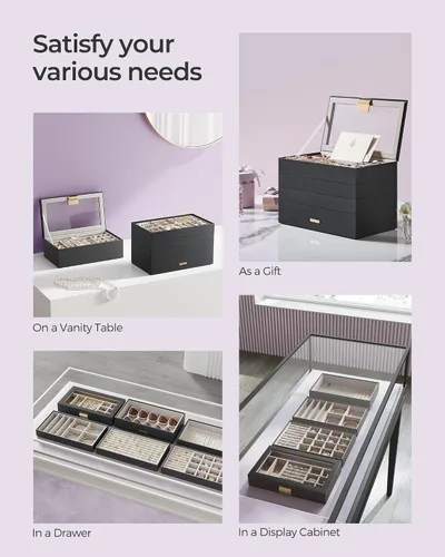Vista 7 de SONGMICS Bandejas de joyería apilables, caja de joyería de 6 niveles, organizador de joyas con cajón, con tapa de vidrio, divisores extraíbles