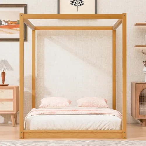 Vista 4 de Base de cama Queen con patas de toldo, plataforma de madera, soporte de listones de madera, no necesita somier Natural