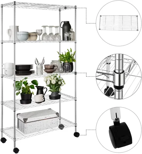 Vista 4 de Karl home Estantería de alambre con ruedas, estantes ajustables, estante de almacenamiento de metal para cocina, baño, garaje, despensa, armario