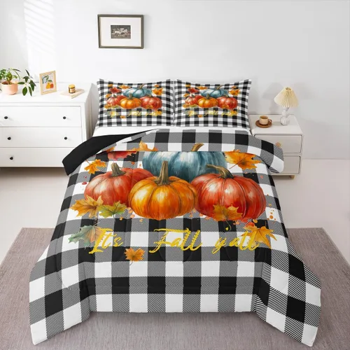 Vista 18 de Juego de edredón de calabaza de otoño, tamaño individual, juego de ropa de cama de hojas de arce para niños y niñas, cosecha de otoño, fruta