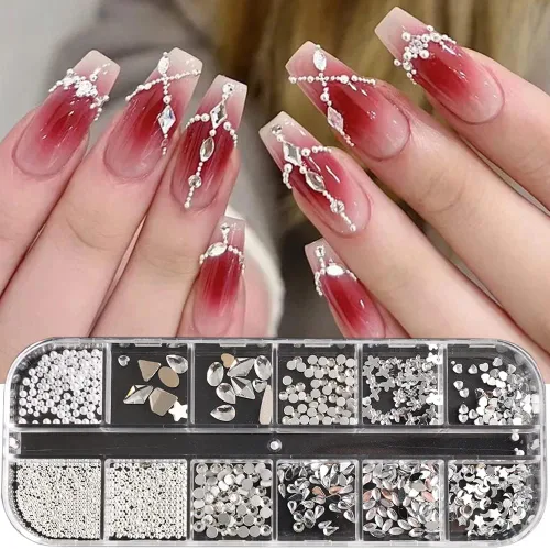 Vista 3 de Diamantes de imitación de cristal blanco para uñas, parte trasera plana, gemas de luna, estrella, corazón, perlas para decoración de uñas, múltiples