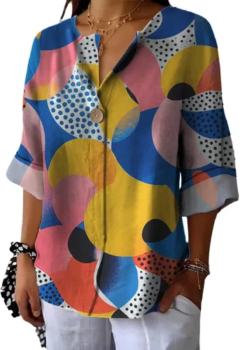 Vista 19 de domirica Camisas de manga corta con cuello en V para mujer, blusas elegantes con estampado floral y ajuste holgado, blusas básicas y cómodas