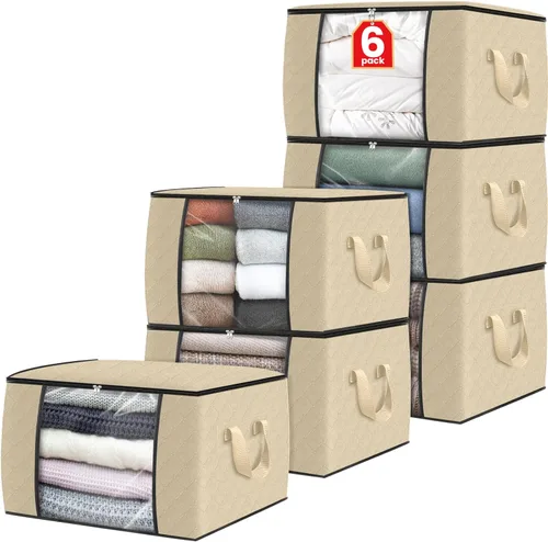 Vista 42 de Fab totes Paquete de 3 bolsas de almacenamiento plegables de tela gruesa, contenedores para organizar dormitorio, armario, ropa, edredón, Beige