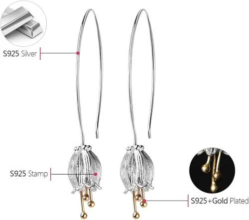Vista 3 de Lotus Fun Aretes colgantes de plata de ley 925 con forma de campana natural fresca, hechos a mano, joyería única regalo para mujeres y niñas, Plata