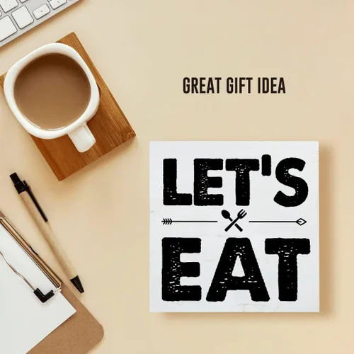 Vista 7 de Letrero de madera con texto en inglés "Let's Eat" de granja con texto en inglés "Let's Eat", moderno bloque de madera, letrero de mesa para comedor
