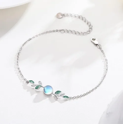 Vista 2 de ConBo Moonstone Leaf Bracelet S925 Sterling Silver Leaf Moonstone Jewelry Gift for Mother Mom Wife Moonstone Bracelet for Women Girls Birthday