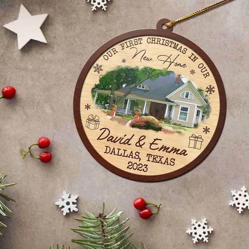 Vista 7 de V VIBEPY Adornos personalizados para casa nueva, adornos de Navidad para el hogar, adornos de madera de Navidad, 3.5 pulgadas, adornos de 3 capas
