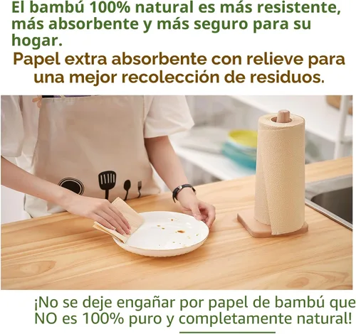 Vista 4 de Toallas de papel 100% de bambú, sin árboles, sin químicos, sin pelusas, duraderas, absorbentes, tamaño seleccionable de 2 capas, 90 hojas por rollo.