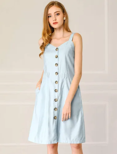 Vista 5 de Allegra K - Vestido de mujer con cuello corazón y bolsillos con cinturón con botón frontal y correa de espagueti
