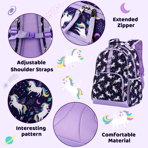 Vista 4 de Choco Mocha Mochila de escuela primaria de 17 pulgadas para niños, Unicornio espacial, morado