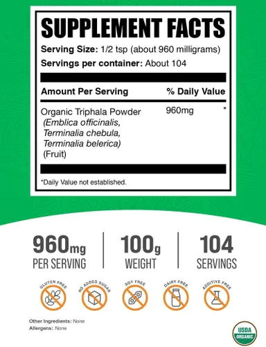 Vista 2 de BulkSupplements. com Polvo orgánico Triphala - Haritaki en polvo, suplemento ayurvédico - Sin gluten, 960 mg por porción, 100 g (3.5 oz)