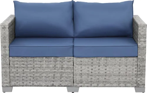 Vista 10 de WAROOM Sofá pequeño de mimbre para patio al aire libre, sofá de ratán de 2 plazas, muebles de balcón, asiento profundo, asiento de porche, cojín gris