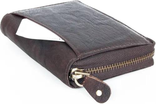 Vista 2 de FLW Cartera grande de piel auténtica duradera con cremallera marrón oscuro, Marrón oscuro, Cartera triple
