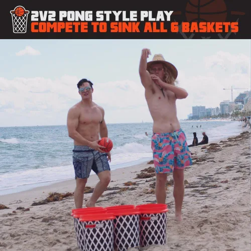 Vista 2 de Juego de pong gigante de patio y baloncesto BasketPong con 12 cubos, 2 pelotas, bolsa de transporte y bomba de aire – Juego para exteriores
