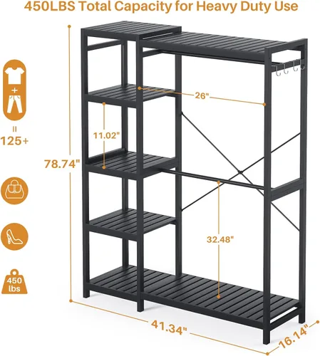 Vista 4 de Homykic Perchero de bambú para colgar ropa, perchero resistente con estantes ajustables de 7 niveles, varillas dobles, 4 ganchos, sistema de armario