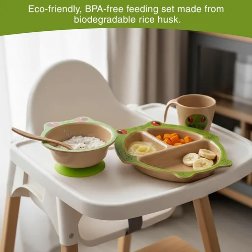 Vista 3 de Refresh-A-Baby Juego de alimentación ecológico de cáscara de arroz para niños, 4 piezas, incluye plato dividido, ventosa, cuchara, taza, sin BPA