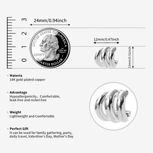Vista 2 de ABILITH Aretes triples de plata y oro para mujer, aretes de aro de dos tonos de oro grueso de 18 quilates