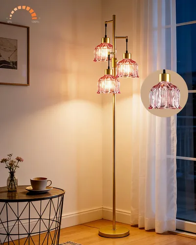 Vista 24 de Lámparas de pie de cristal para sala de estar, lámpara de pie regulable de 3 luces de 67 pulgadas con pantalla de cristal rojo rosa y bombillas E12